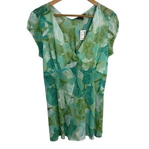Vintage 90s Y2K Semi-Sheer Babydoll Blouse XL Green Short Sleeve Top Leaf Print